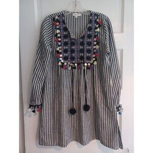 Velzera embroidered striped mini dress tunic S tassels boho festival black white